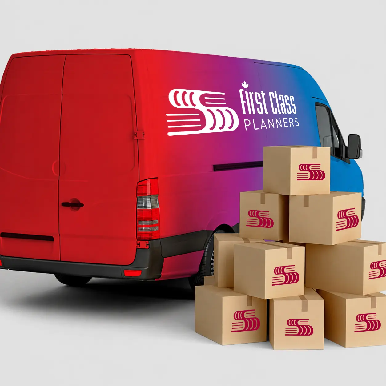 First Class Planners delivery van and boxes